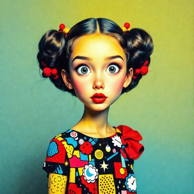 The primary subject of the image is a young girl with a unique hairstyle, featuring two ponytails and two red bows. She is wearing a colorful dress with a patterned design. The setting is a room with a green background, and the visual style appears to be a combination of photo and digital art. The colors and mood of the image are vibrant and cheerful, with the girl's bright outfit and the lively green background creating a lively and energetic atmosphere.